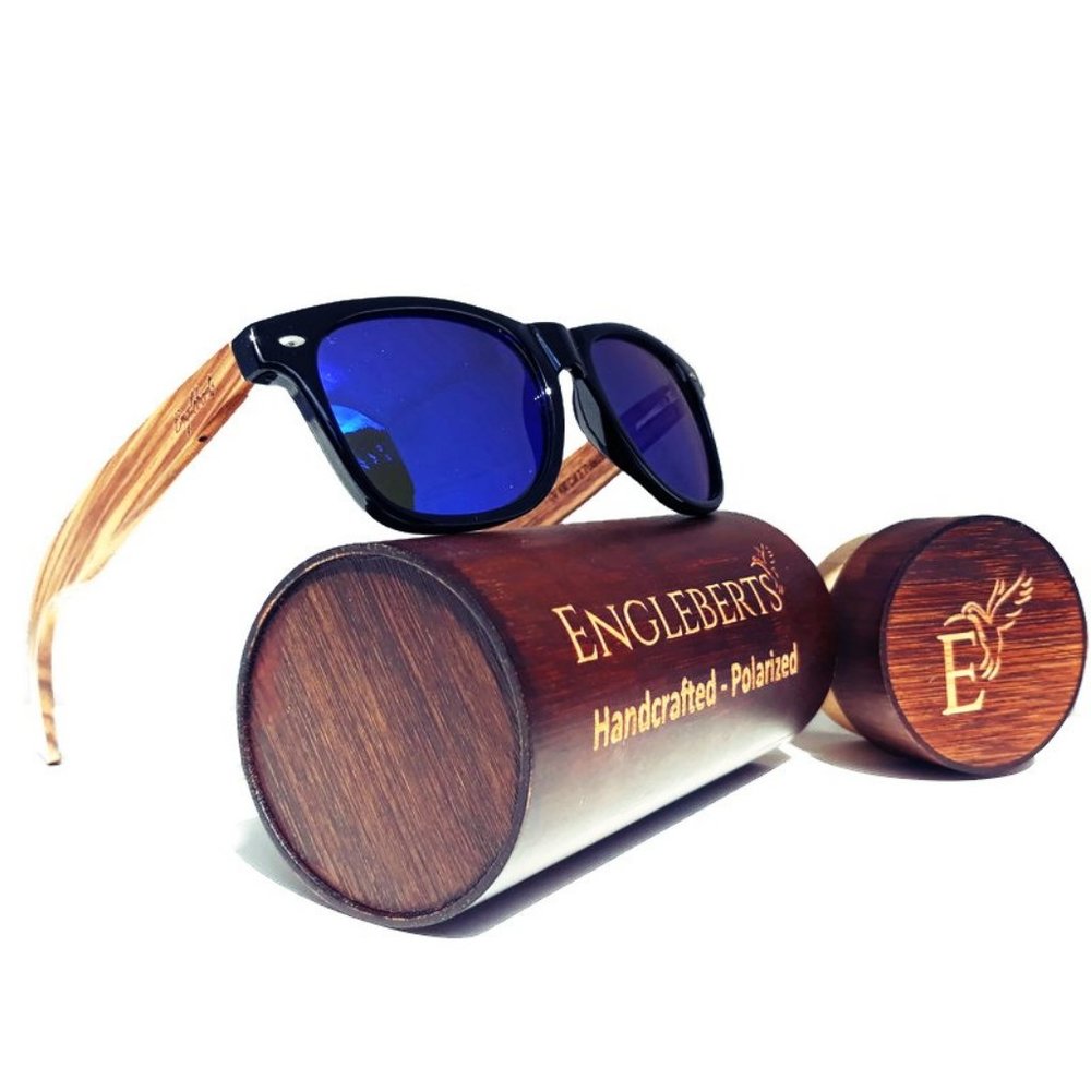 Zebrawood Sunglasses with Blue Lens and Wood Case